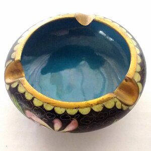 Chinese Cloisonné Ashtray Floral Design Black & Blue Enamel Painted Gold Rim